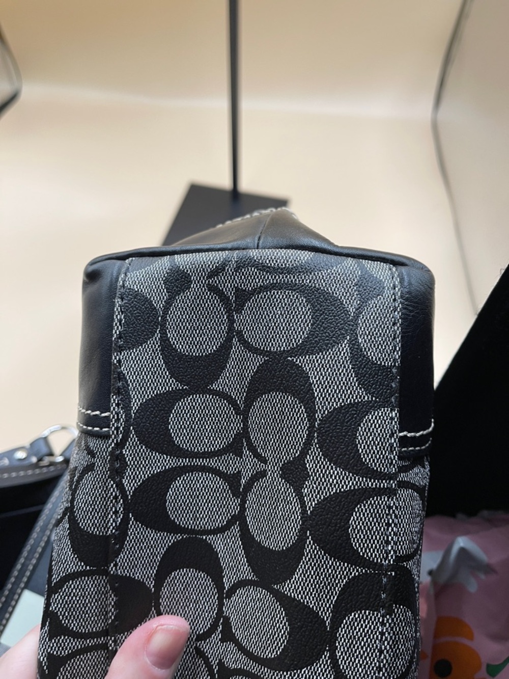 Coach Signature Stripe Tote Black and Light Gray Denim Canvas Look Work or Baby - Picture 9 of 11